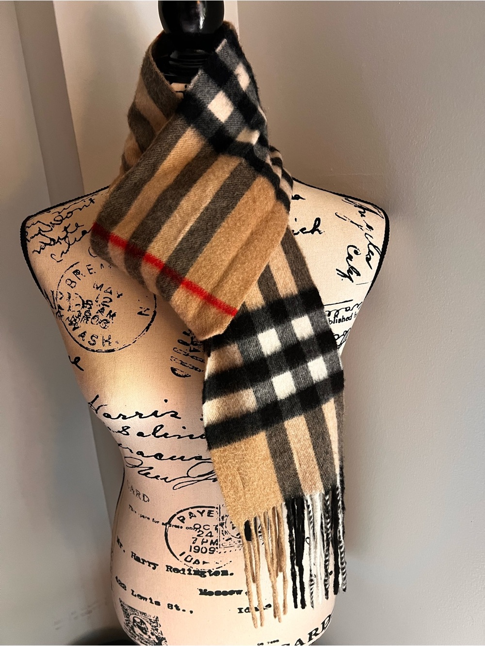 Burberry Beige, Black and Gray Cashmere Plaid Scarf-Unisex